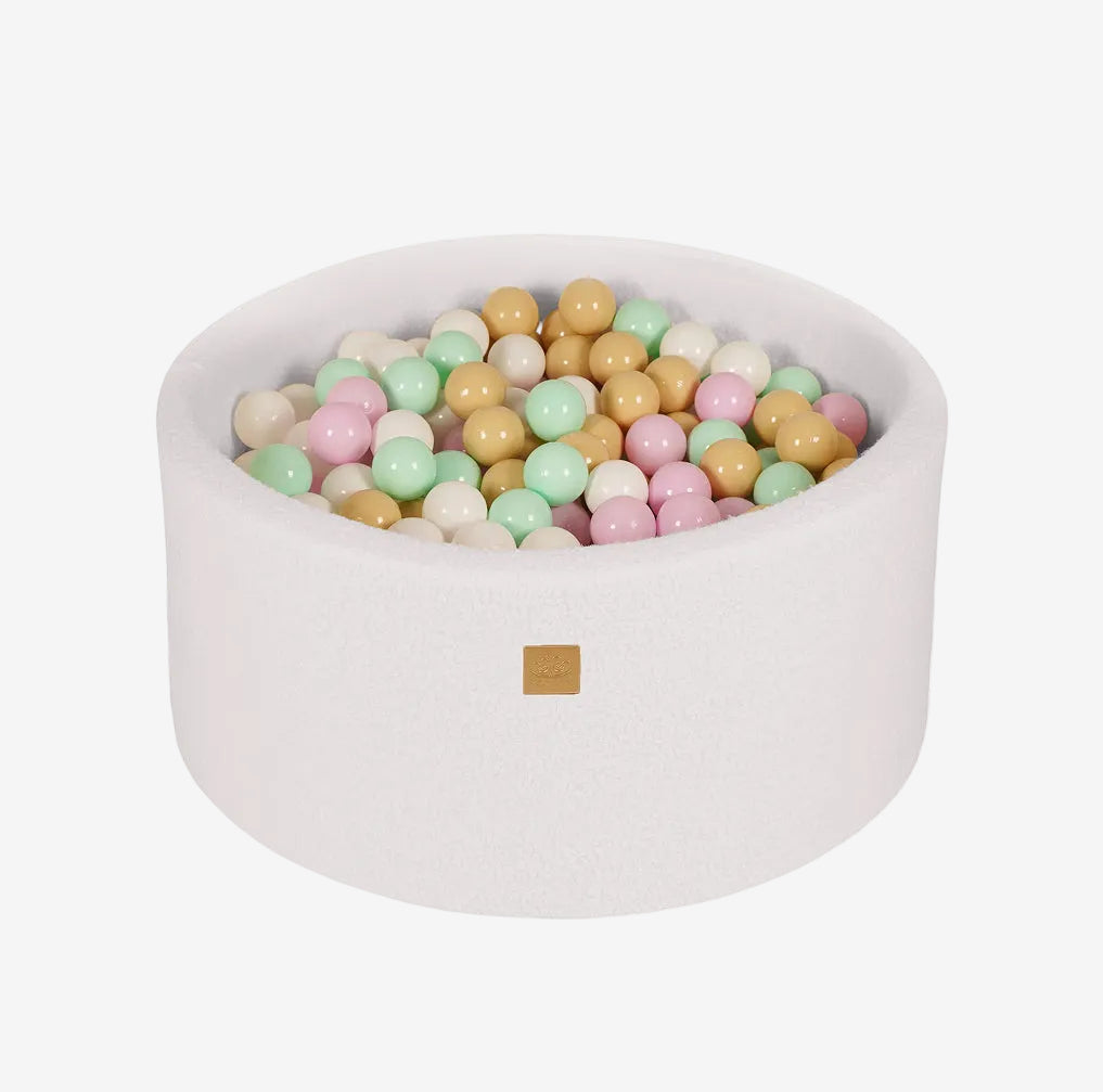 MeowBaby Round ball pit (90x40cm) Boucle with 300 Pastel balls - White