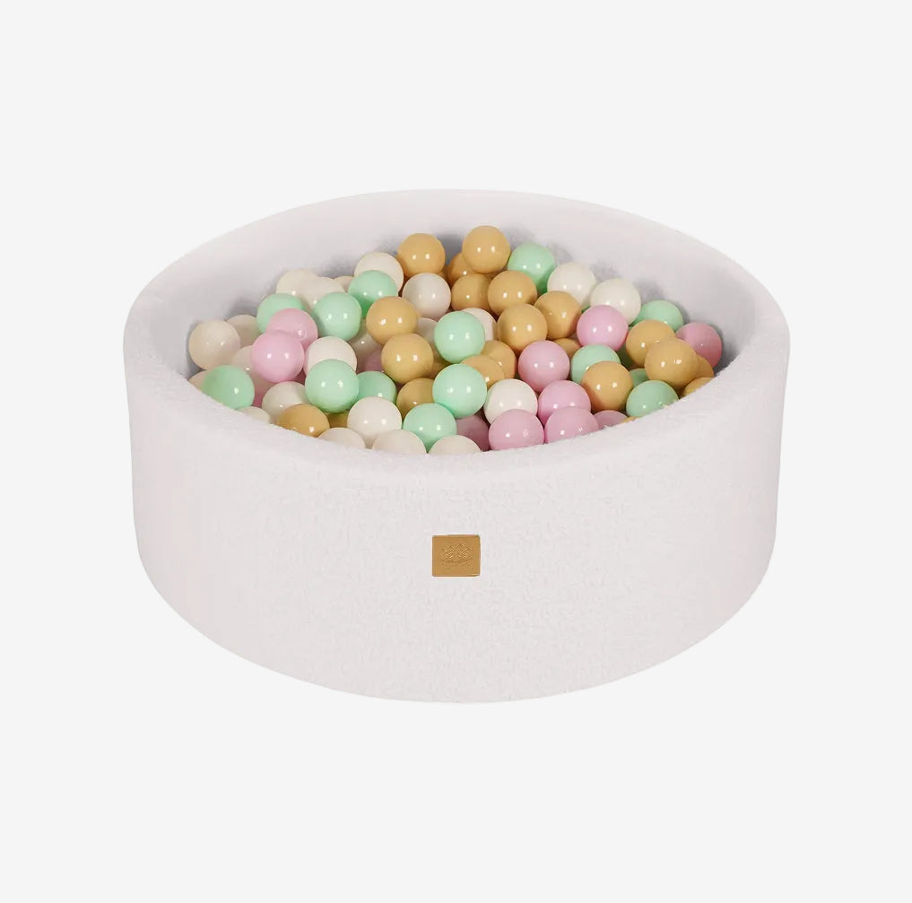 MeowBaby Round ball pit (90x30cm) Boucle with 200 Pastel balls - White